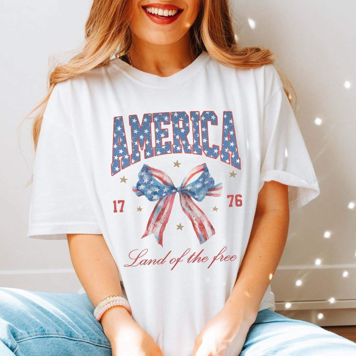 America Land Of The Free Bow Comfort Color Tee - Limeberry Designs
