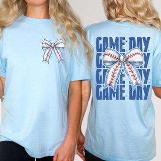 Game Day With Baseball Bow Front & Back Design Comfort Color Tee - Limeberry Designs