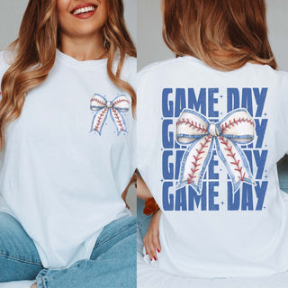 Game Day With Baseball Bow Front & Back Design Comfort Color Tee - Limeberry Designs
