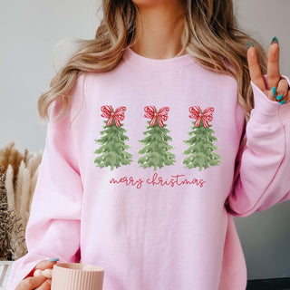 Merry Christmas Trees Red Striped Bows Graphic Sweatshirt - Limeberry Designs