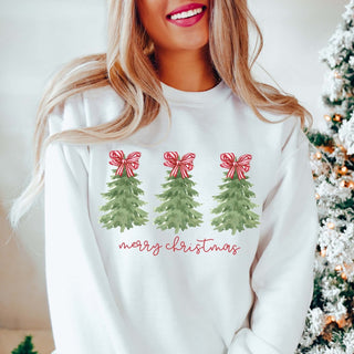 Merry Christmas Trees Red Striped Bows Graphic Sweatshirt - Limeberry Designs