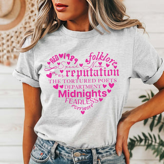 Swiftie Albums Pink Heart Adult and Youth Tee - Limeberry Designs