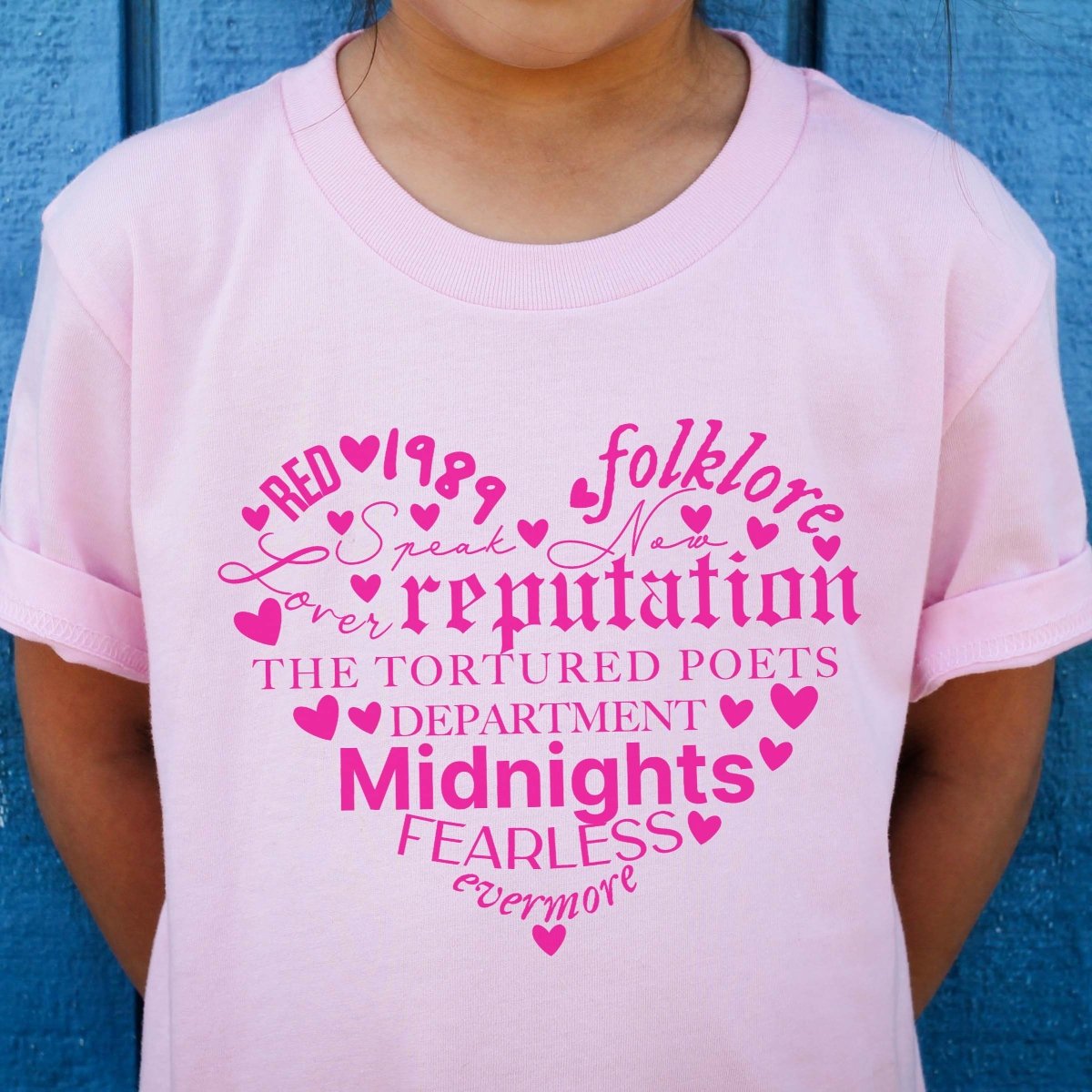 Swiftie Albums Pink Heart Adult and Youth Tee - Limeberry Designs