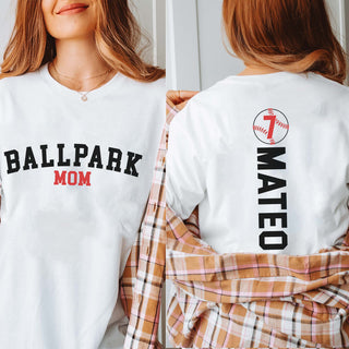1 - Ballpark Mom FRONT & Mateo 7 BACK Bella Tee Front & Back Print