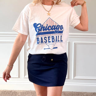 Chicago Baseball Vintage Stripes Blue & Red Comfort Color Graphic Tee