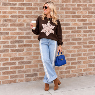 Snowflake Faux Yarn Printed Graphic Sweatshirt in brown - Limeberry Designs