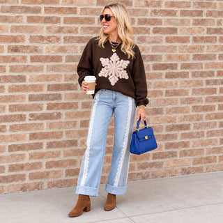 Snowflake Faux Yarn Printed Graphic Sweatshirt in brown - Limeberry Designs