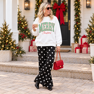 Merry Christmas Stripes Mockneck Sweatshirt styled with polka dot pants and a red bag - Limeberry Designs