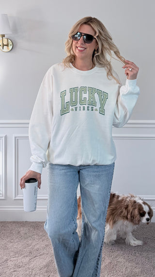 Varsity Letter Lucky Vibes Crew Sweatshirt