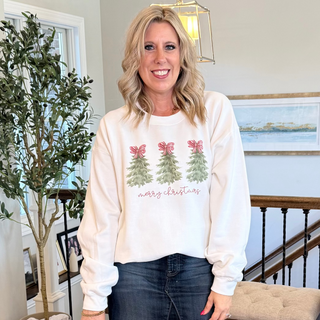 Merry Christmas Trees Red Striped Bows Graphic Sweatshirt