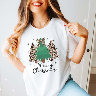 Merry Christmas Leopard Trees & Bow Bella Graphic Tee