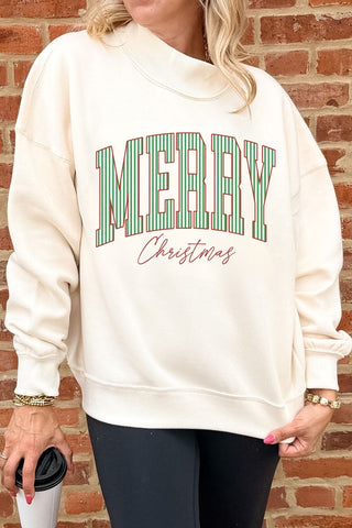 Merry Christmas Stripes Mockneck Sweatshirt in natural with green candy stripe letters - Limeberry Designs