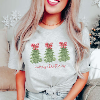 Merry Christmas Trees Red Striped Bows Bella Graphic Tee