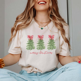 Merry Christmas Trees Red Striped Bows Bella Graphic Tee