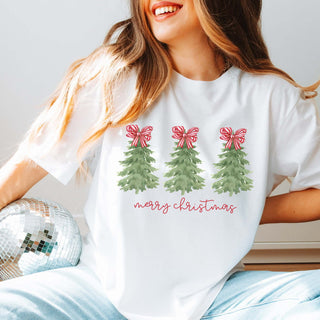 Merry Christmas Trees Red Striped Bows Bella Graphic Tee