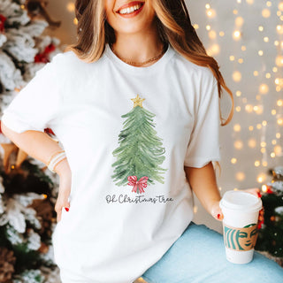 Oh Christmas Tree Red Striped Bow Bella Graphic Tee