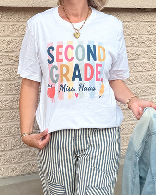 Personalized Grade Level Colorful Stripe Teacher Bella Graphic Tee