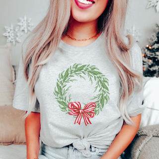 Wreath With Red Striped Bow Bella Graphic Tee