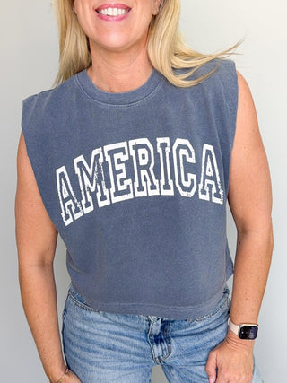 America Distressed Sleeveless Graphic Tee - Limeberry Designs