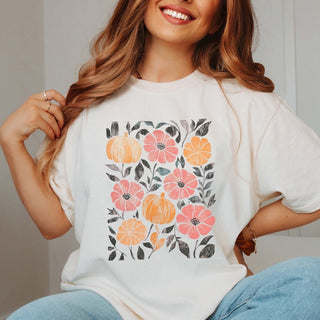 Art Deco Fall Pumpkin & Floral Collage Comfort Color Graphic Tee - Limeberry Designs