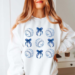 Baseball Collage Blue Floral And Bows Wholesale Graphic Sweatshirt - Quick Shipping - Limeberry Designs