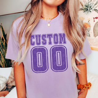 Bold Athletic Distressed Team & Number Comfort Color Graphic Tee - Limeberry Designs