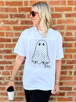 Boo Polka Dot Ghost Stripe Comfort Colors Tee - Limeberry Designs