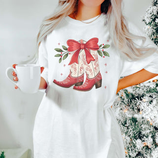 Christmas Boots With Bow Comfort Color Graphic Tee - Limeberry Designs