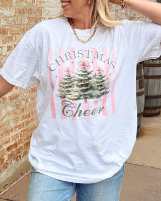 Christmas Cheer Trees Pink Stripe Comfort Color Tee - Limeberry Designs