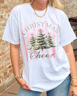 Christmas Cheer Trees Pink Stripe Comfort Color Tee - Limeberry Designs