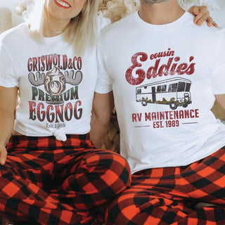 Couple Christmas Premium Eggnog & Uncle Eddie's Maintenance Bella Graphic Tee - Limeberry Designs