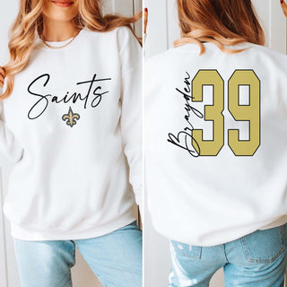 Custom Saints Script Name Number Front & Back Design Sweatshirt - Limeberry Designs