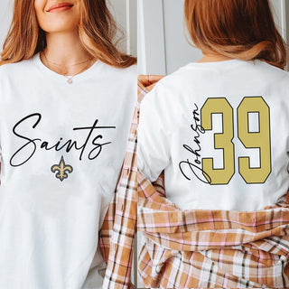 Custom Saints Script Name Number Front & Back Design Tee - Limeberry Designs