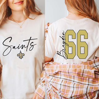 Custom Saints Script Name Number Front & Back Design Tee - Limeberry Designs