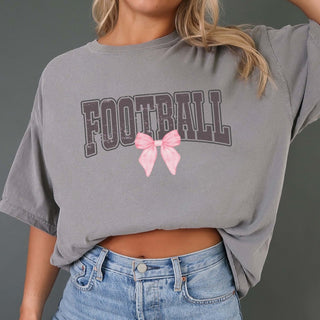 Distressed Football Pink Bow Comfort Color Tee - Limeberry Designs