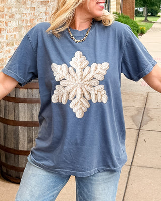 Faux yarn snowflake tee with knit-look printed design on Comfort Colors cotton in denim blue