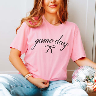 Game Day Script With Bow Bella Graphic Tee - Limeberry Designs