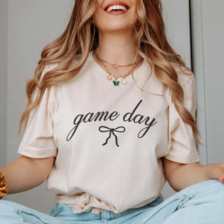 Game Day Script With Bow Bella Graphic Tee - Limeberry Designs