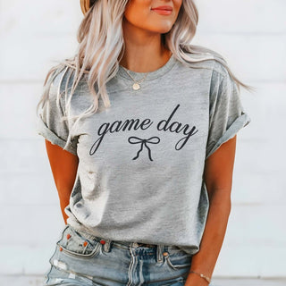 Game Day Script With Bow Bella Graphic Tee - Limeberry Designs