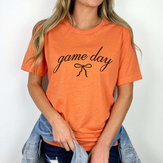 Game Day Script With Bow Bella Graphic Tee - Limeberry Designs