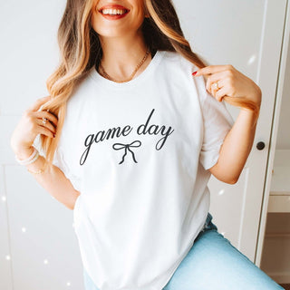 Game Day Script With Bow Bella Graphic Tee - Limeberry Designs