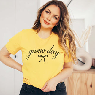 Game Day Script With Bow Bella Graphic Tee - Limeberry Designs