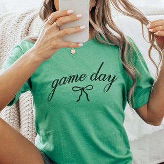 Game Day Script With Bow Bella Graphic Tee - Limeberry Designs