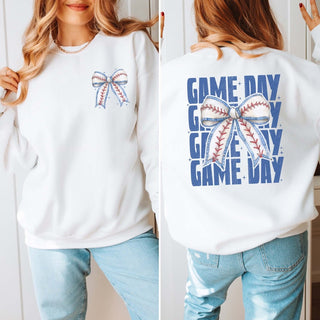 Game Day With Baseball Bow Front & Back Design Wholesale Graphic Sweatshirt - Fast Shipping - Limeberry Designs