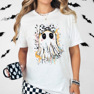 Ghost With Polka Dot Bow Bella Graphic Tee - Limeberry Designs