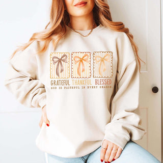Grateful Thankful Blessed 3 Bows Graphic Softstyle Sweatshirt - Limeberry Designs