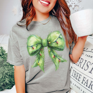 Green Fur Christmas Lights Bow Comfort Color Graphic Tee - Limeberry Designs