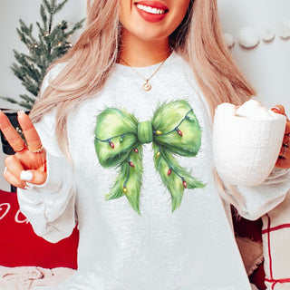 Green Fur Christmas Lights Bow Graphic Sweatshirt - Limeberry Designs