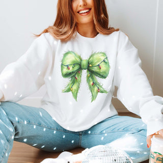 Green Fur Christmas Lights Bow Graphic Sweatshirt - Limeberry Designs