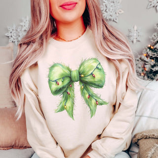 Green Fur Christmas Lights Bow Graphic Sweatshirt - Limeberry Designs